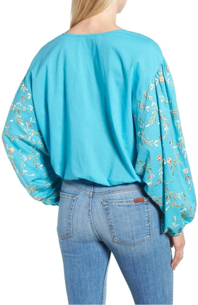Shop Kas New York Coline Front Tie Embroidered Sleeve Blouse In Turquoise