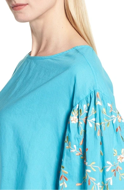Shop Kas New York Coline Front Tie Embroidered Sleeve Blouse In Turquoise