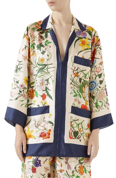 Shop Gucci Floral Print Silk Foulard Shirt In Blue/ Ivory Print