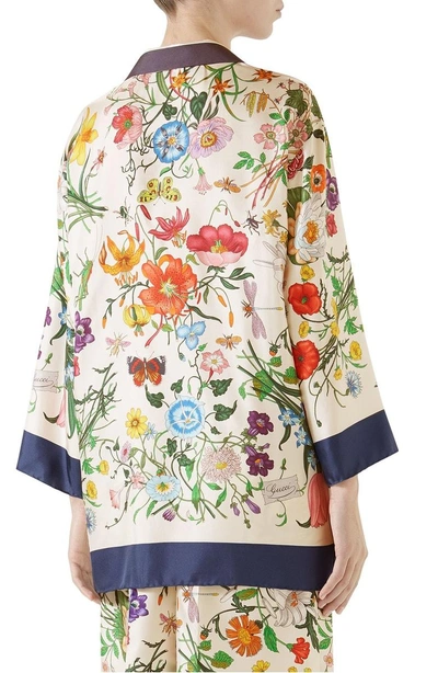 Shop Gucci Floral Print Silk Foulard Shirt In Blue/ Ivory Print
