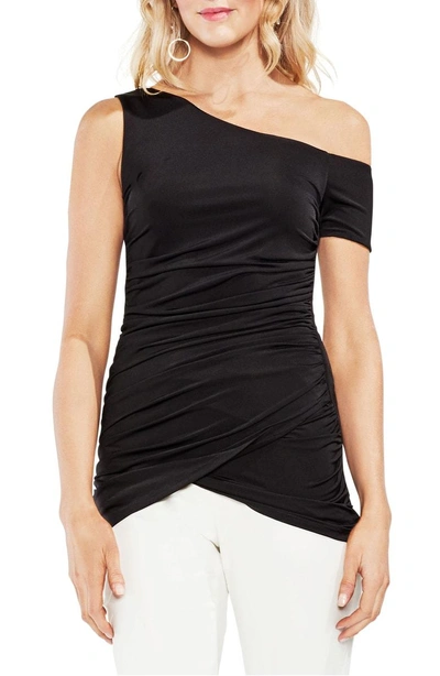 Shop Vince Camuto One-shoulder Ruched Liquid Knit Top In 060-rich Black