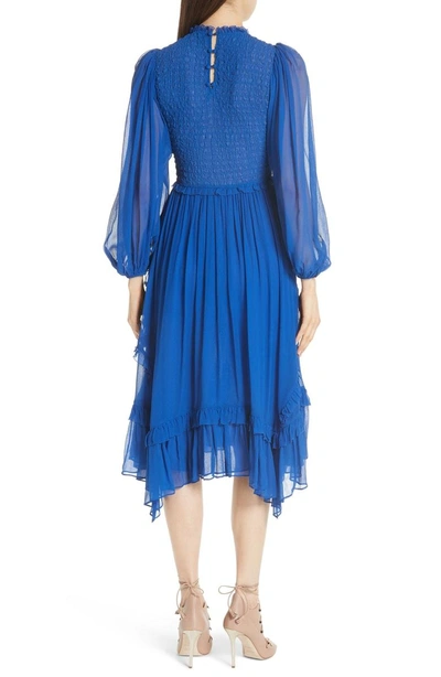 Shop Ulla Johnson Arielle Smocked Silk Cloque Dress In Cobalt