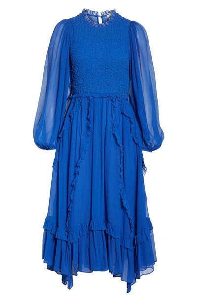 Shop Ulla Johnson Arielle Smocked Silk Cloque Dress In Cobalt