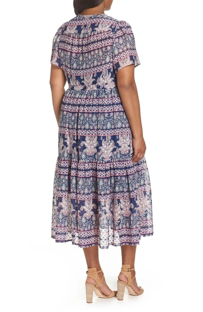 Shop Eliza J Flutter Sleeve Print Fil Coupe Maxi Dress In Navy/ Pink