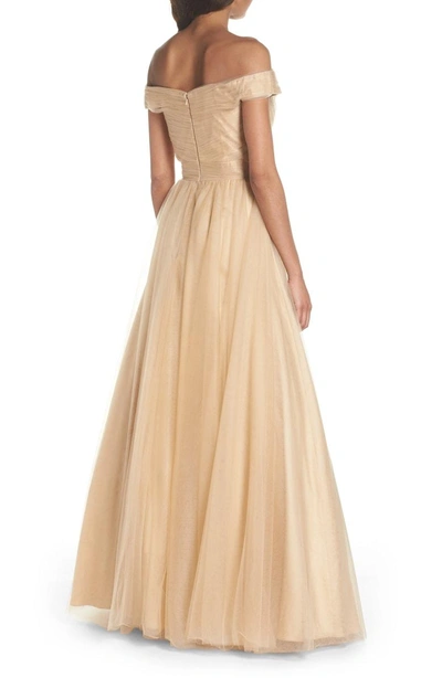 Shop Mac Duggal Off The Shoulder Tulle Ballgown In Champagne