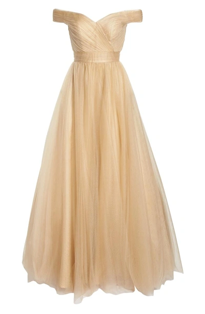 Shop Mac Duggal Off The Shoulder Tulle Ballgown In Champagne