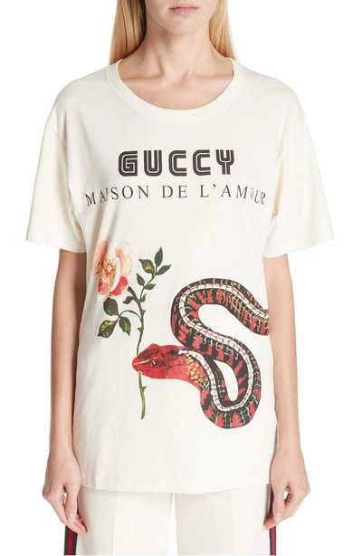 Shop Gucci Snake Graphic Logo Tee In Ivory