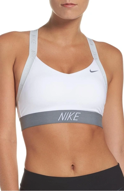 Nike Indy Logo Light Support Performance Sports Bra In White/cool