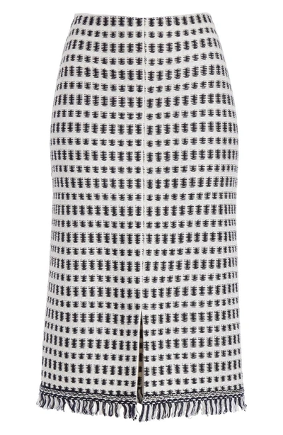 Shop St John Thatched Grid Knit Skirt In Flax/ White/ Navy