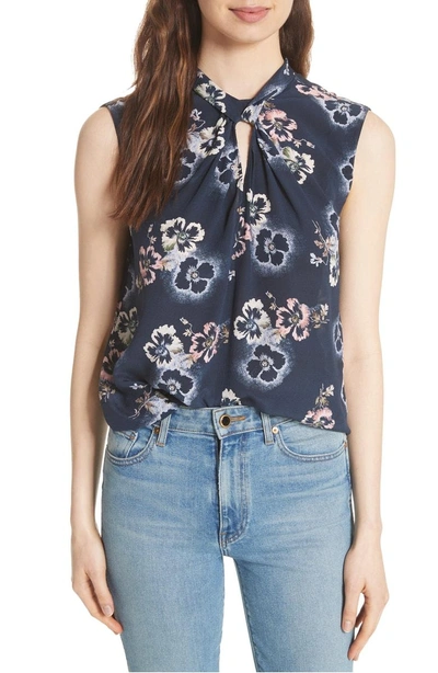 Shop Rebecca Taylor Floral Knotted Silk Top In Navy