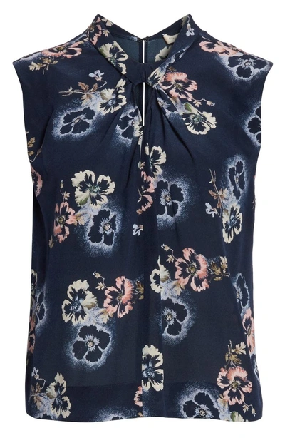 Shop Rebecca Taylor Floral Knotted Silk Top In Navy