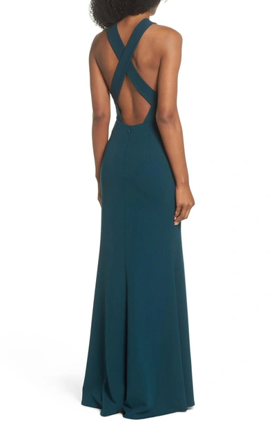 Shop Jenny Yoo Kayleigh Cross Front Crepe Knit Gown In Caspian Sea