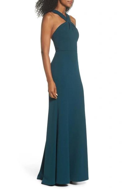 Shop Jenny Yoo Kayleigh Cross Front Crepe Knit Gown In Caspian Sea