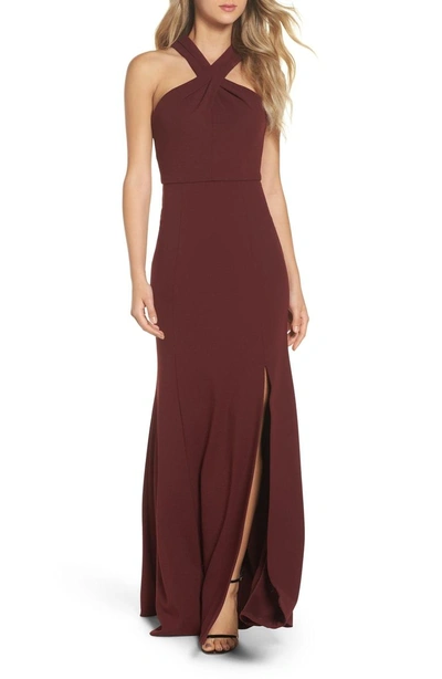 Shop Jenny Yoo Kayleigh Cross Front Crepe Knit Gown In Hibiscus