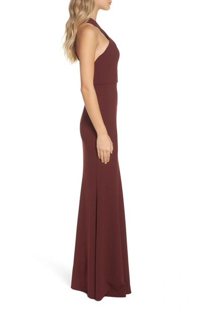 Shop Jenny Yoo Kayleigh Cross Front Crepe Knit Gown In Hibiscus