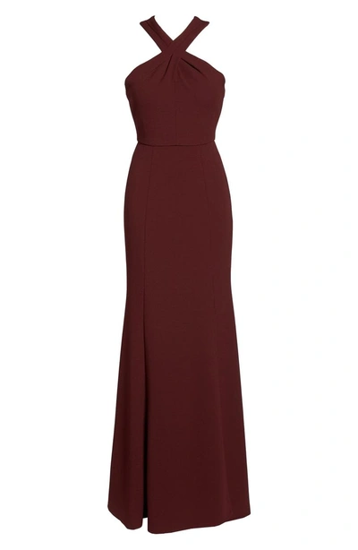 Shop Jenny Yoo Kayleigh Cross Front Crepe Knit Gown In Hibiscus