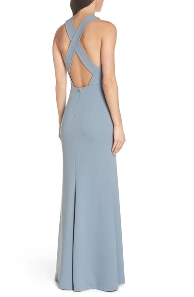 Shop Jenny Yoo Kayleigh Cross Front Crepe Knit Gown In Mayan Blue