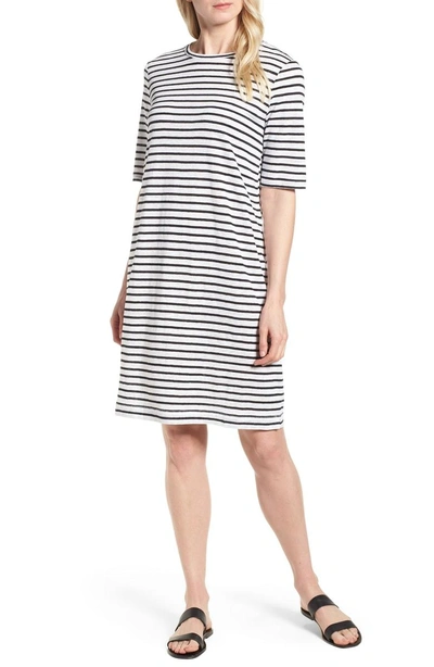 Shop Eileen Fisher Stripe Organic Linen Knit Shift Dress In White/ Black