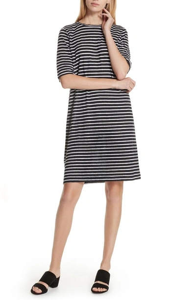 Shop Eileen Fisher Stripe Organic Linen Knit Shift Dress In Black/ White