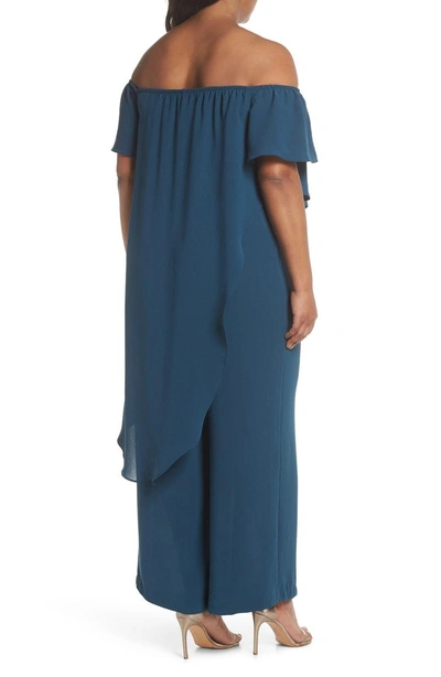 Shop Adrianna Papell Gauzy Off The Shoulder Crepe Jumpsuit In Midnight Jungle
