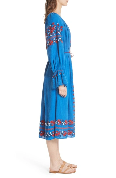 Shop Ulla Johnson Filia Embroidered Midi Dress In Cobalt