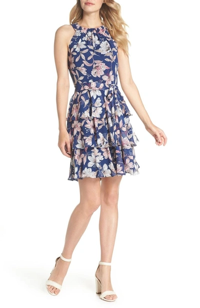 Shop Eliza J Tiered Chiffon Dress In Navy/ Pink