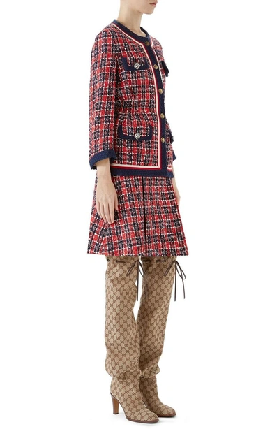 Shop Gucci Tiger Button Tweed A-line Skirt In Royal Blue/ Red
