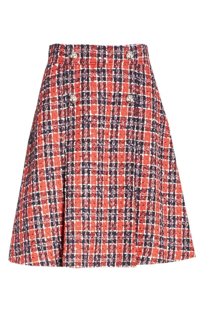 Shop Gucci Tiger Button Tweed A-line Skirt In Royal Blue/ Red