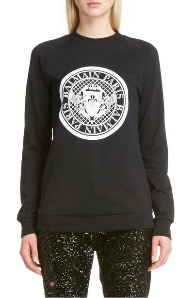 Shop Balmain Coin Logo Sweatshirt In Black/ White