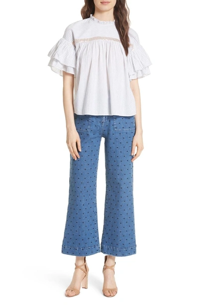 Shop Ulla Johnson Niko Polka Dot Crop Flare Jeans In Indigo