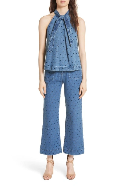 Shop Ulla Johnson Niko Polka Dot Crop Flare Jeans In Indigo