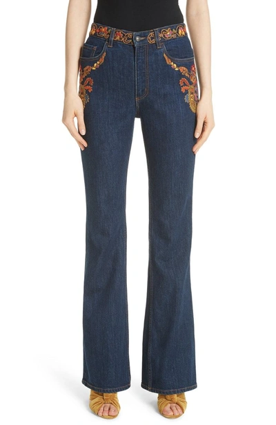 Shop Etro Paisley Embroidered Flare Jeans In Blue