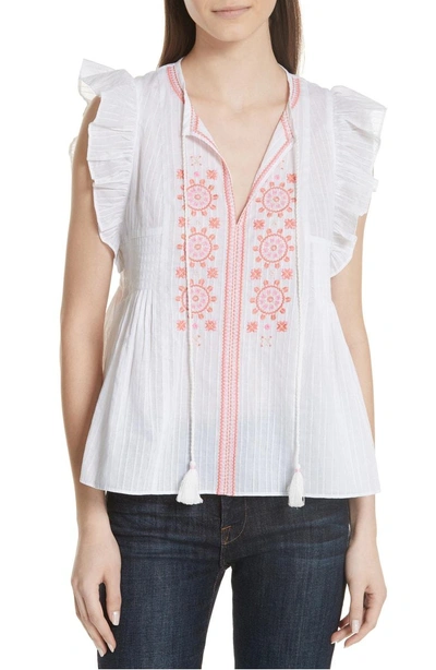 Shop Kate Spade Mosaic Embroidered Tassel Top In Fresh White