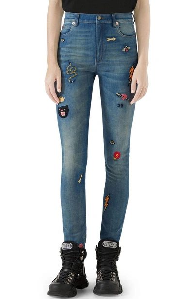 Shop Gucci Patch Embellished Skinny Jeans In Blue