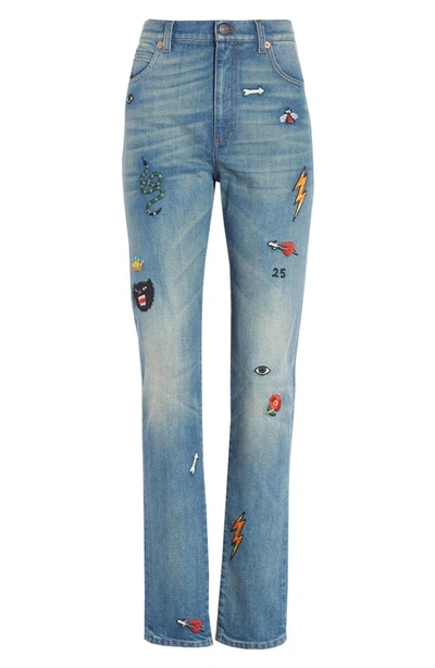 Shop Gucci Patch Embellished Skinny Jeans In Blue