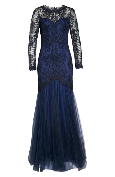 Shop Tadashi Shoji Corded Lace & Tulle Gown In Navy