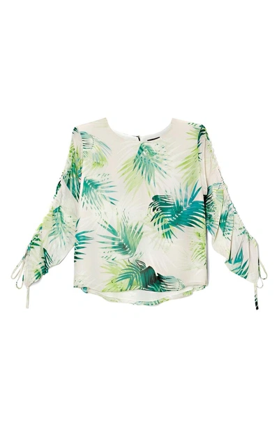 Shop Vince Camuto Drawstring Sleeve Sunlit Palm Print Top In Verdant Green