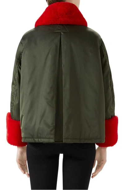 Shop Gucci Faux Fur Trim Nylon Flight Jacket In Military Green/ Multi