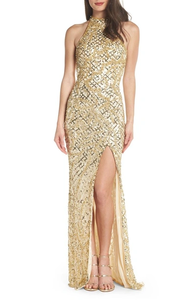 Shop Mac Duggal Beaded A-line Halter Gown In Gold