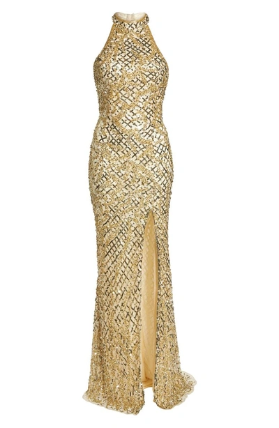 Shop Mac Duggal Beaded A-line Halter Gown In Gold