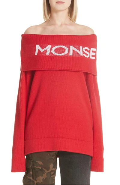 Shop Monse Logo Off The Shoulder Wool Blend Sweater In Red