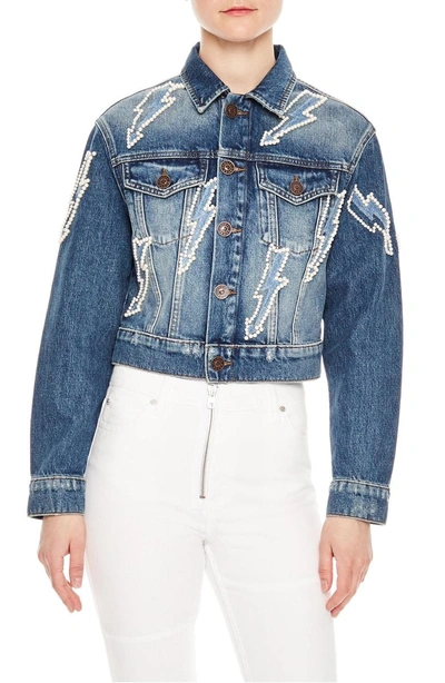 Shop Sandro Pearly Bauble Lightning Bolt Denim Jacket In Blue Vintage - Denim