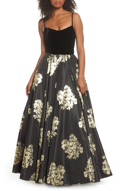 Shop Mac Duggal Velvet & Floral Ballgown In Black Gold