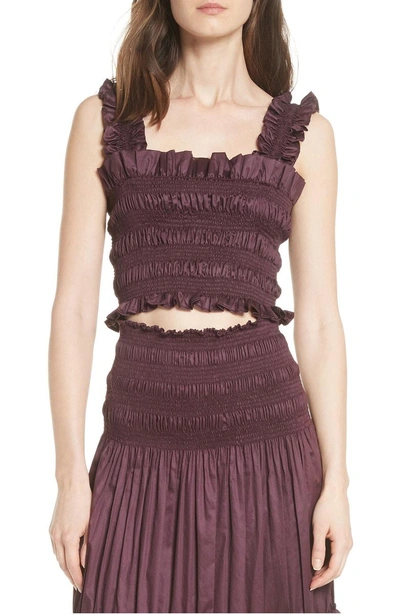 Shop Rebecca Taylor Smocked Sleeveless Cotton Top In Plum