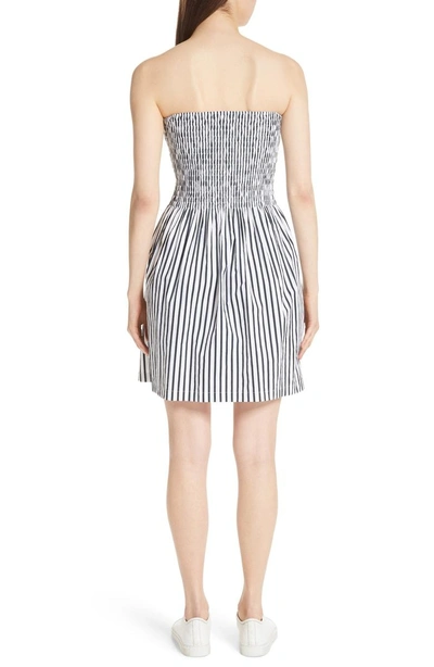 Shop Atm Anthony Thomas Melillo Ruched Cotton Poplin Dress In White/ Midnight Stripe