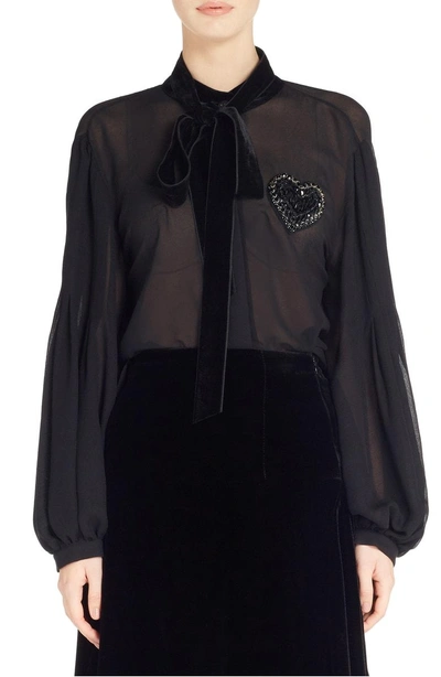 Shop Fendi Heart Embellished Silk Blouse In Black