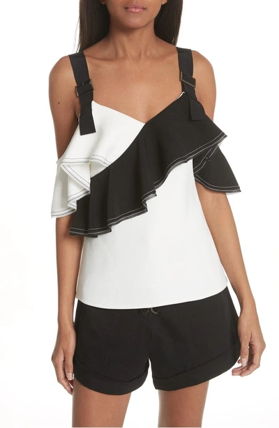 Shop Self-portrait Harness Strap Cold Shoulder Blouse In Black/ White