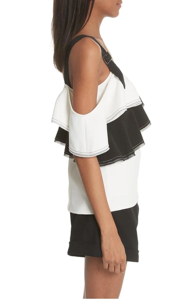 Shop Self-portrait Harness Strap Cold Shoulder Blouse In Black/ White