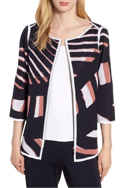 Shop Ming Wang Zip Front Knit Jacket In Navy/ Daylily/ White
