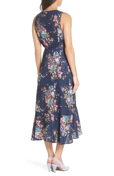 Shop Charles Henry Floral Sleeveless Wrap Dress In Navy Floral